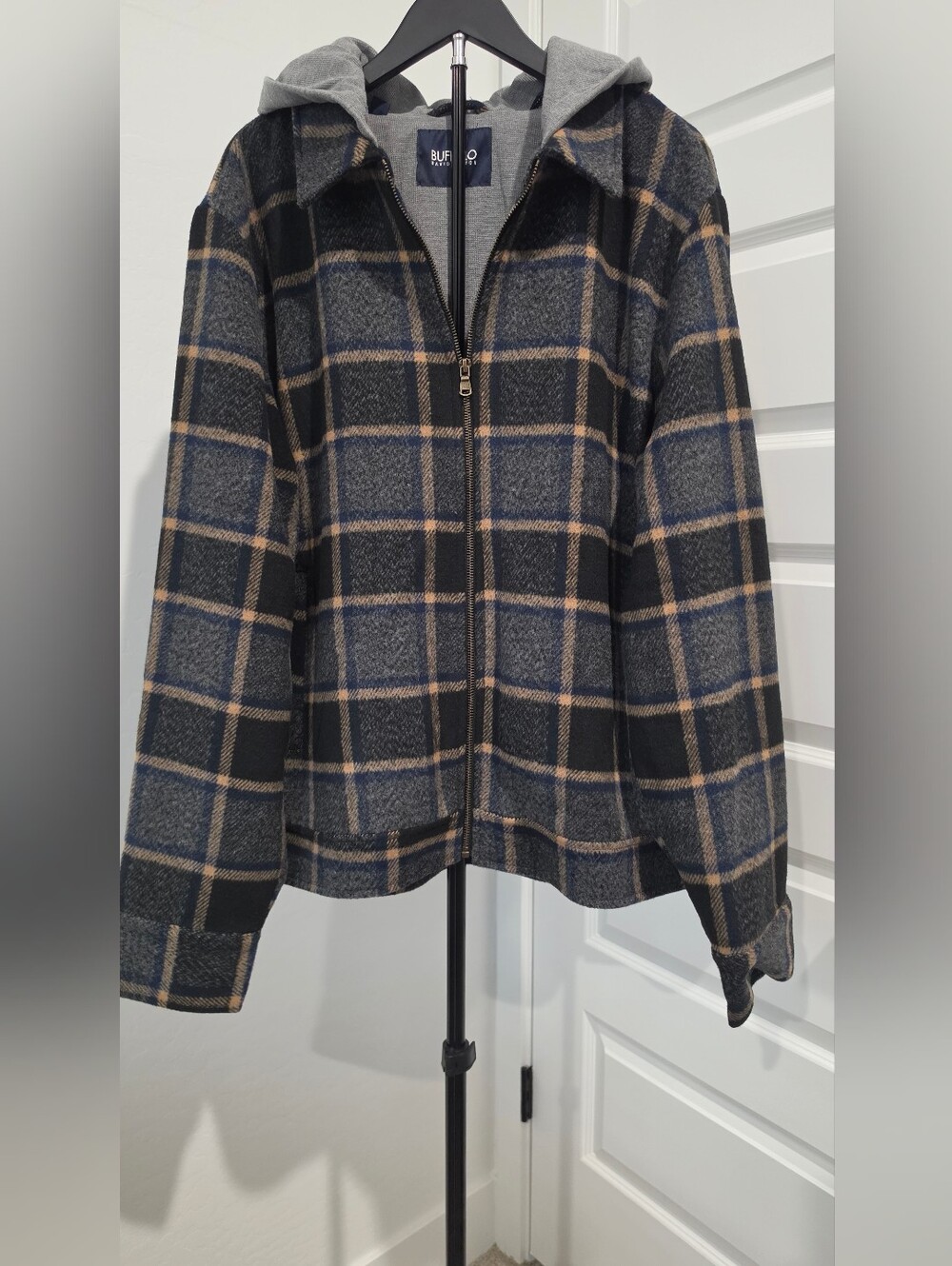 Buffalo David Bitton Jude Hooded Plaid Jacket Charcoal Black Zip Shacket Mens XL